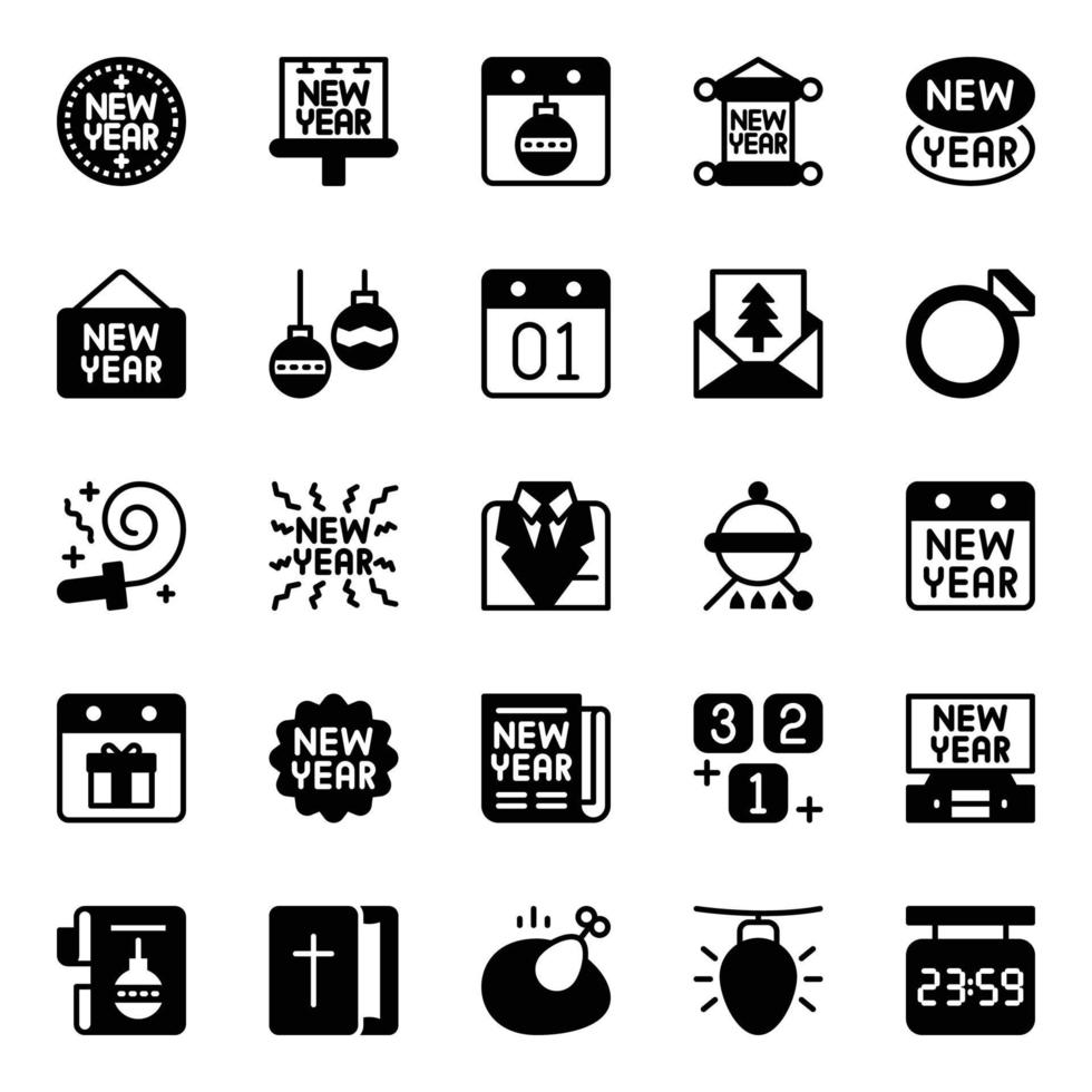 glyph pictogrammen voor gelukkig nieuw jaar. vector