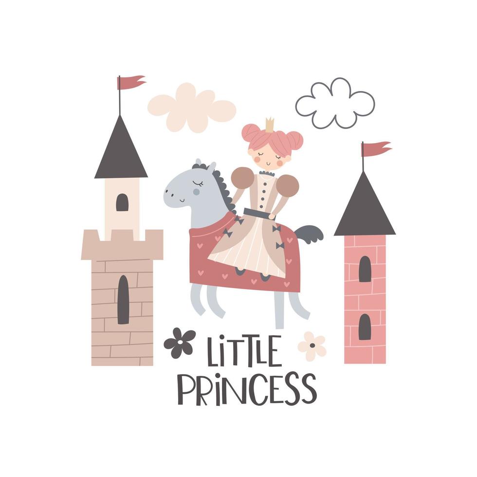 weinig prinses. tekenfilm prinses, kasteel, hand- tekening belettering, decor elementen. kleurrijk vector illustratie, vlak stijl. ontwerp voor kaarten, t-shirt afdrukken, poster