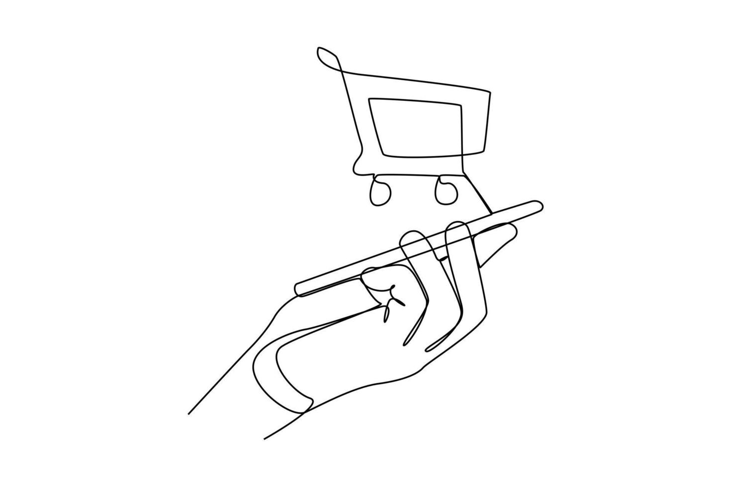 single een lijn tekening online boodschappen doen met trolley en smartphone. e-commerce concept. doorlopend lijn trek ontwerp grafisch vector illustratie.