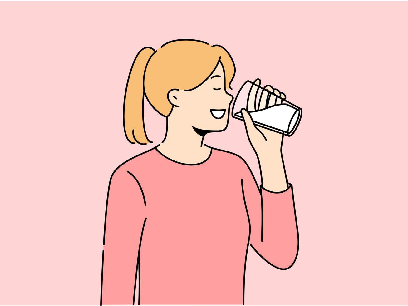 glimlachen meisje drinken melk van glas. gelukkig vrouw genieten zuivel Product voor calcium en voeding biologisch eetpatroon. vector illustratie.