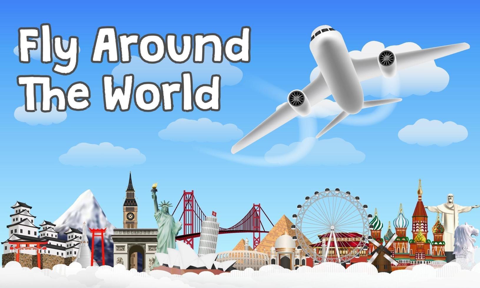 vlieg de wereld rond met vliegtuig en landmarka vector
