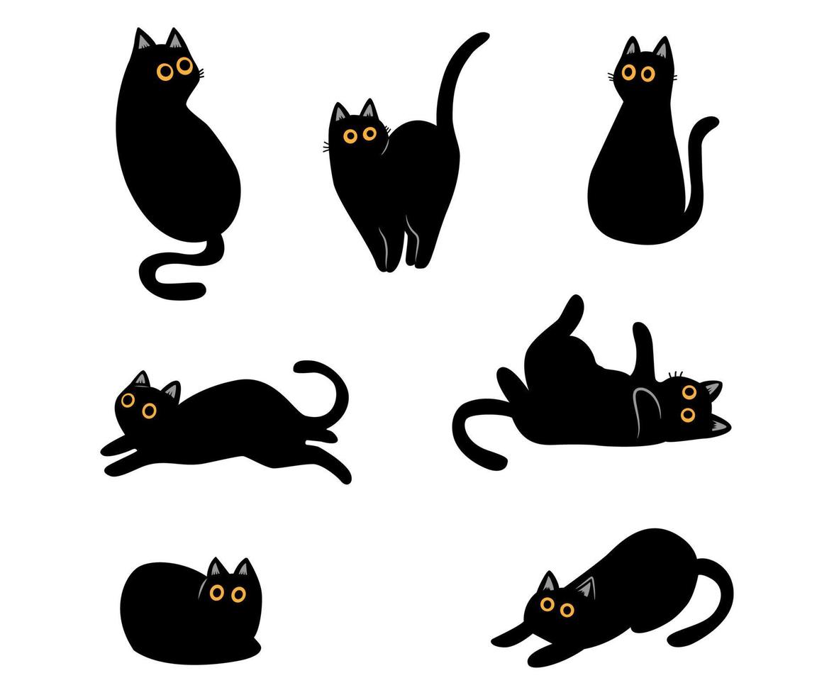 reeks van zwart katten grappig poseert. lui poesjes clip art illustratie. gemakkelijk hand- getrokken ontwerp. vector