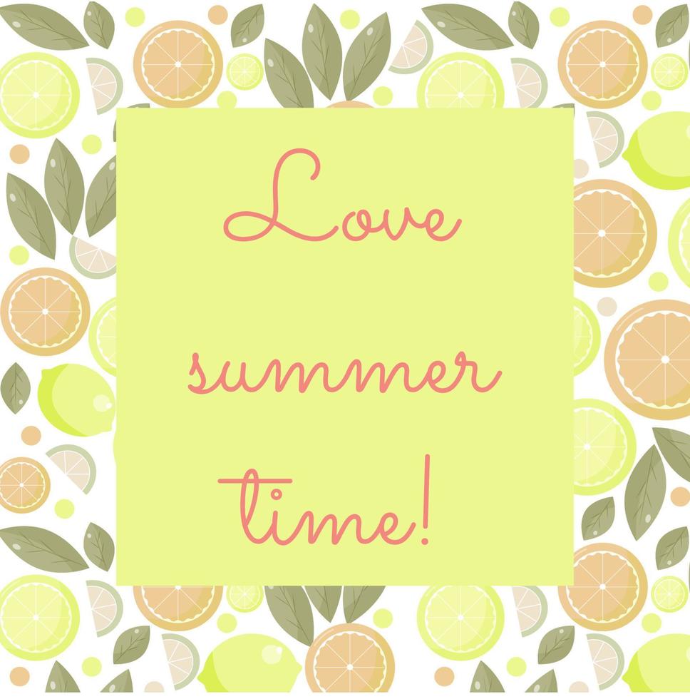 vector zomer kaart met schattig sinaasappels achtergrond en tekst liefde zomer tijd