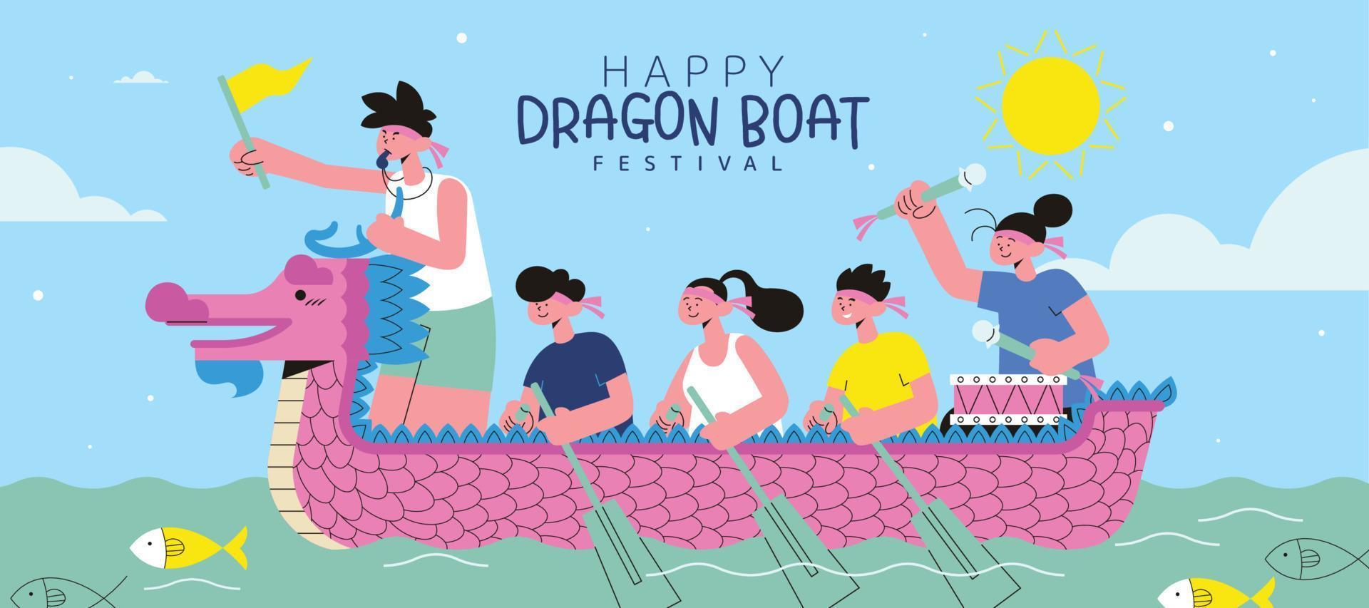 draak boot racing team op rivier- in roze en turkoois kleur, duanwu festival banier illustratie vector