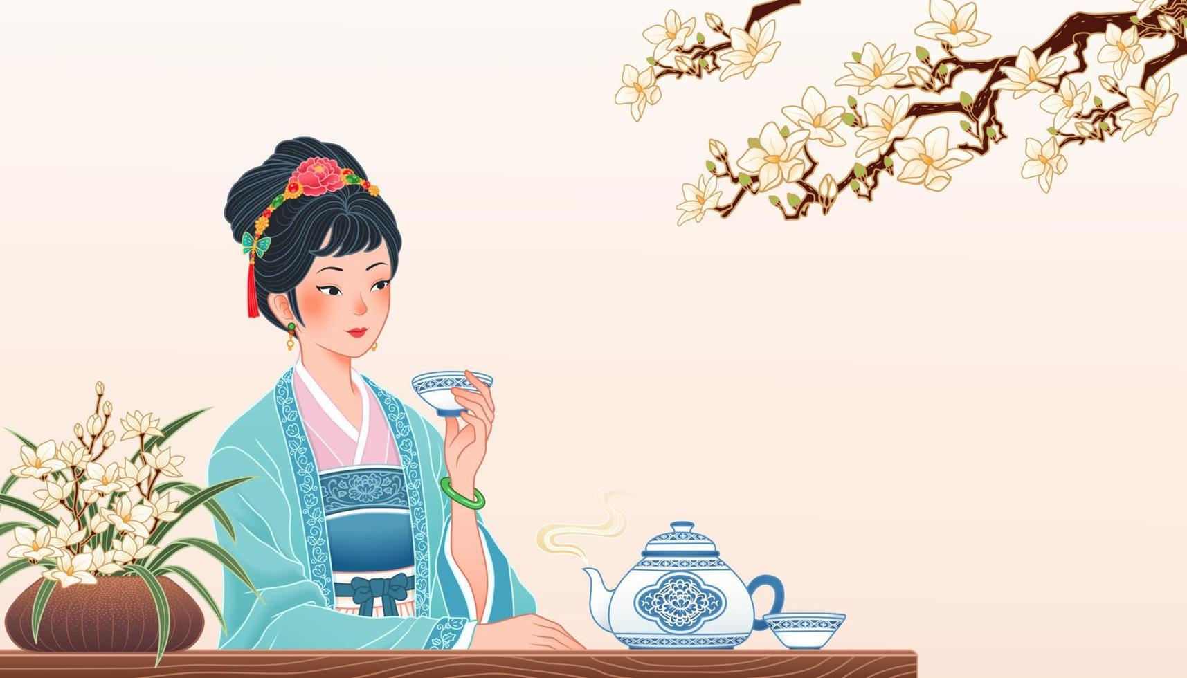 oude Chinese meisje zittend Bij tafel en genieten van een kop van heet thee, banier in vlak ontwerp met copyspace vector