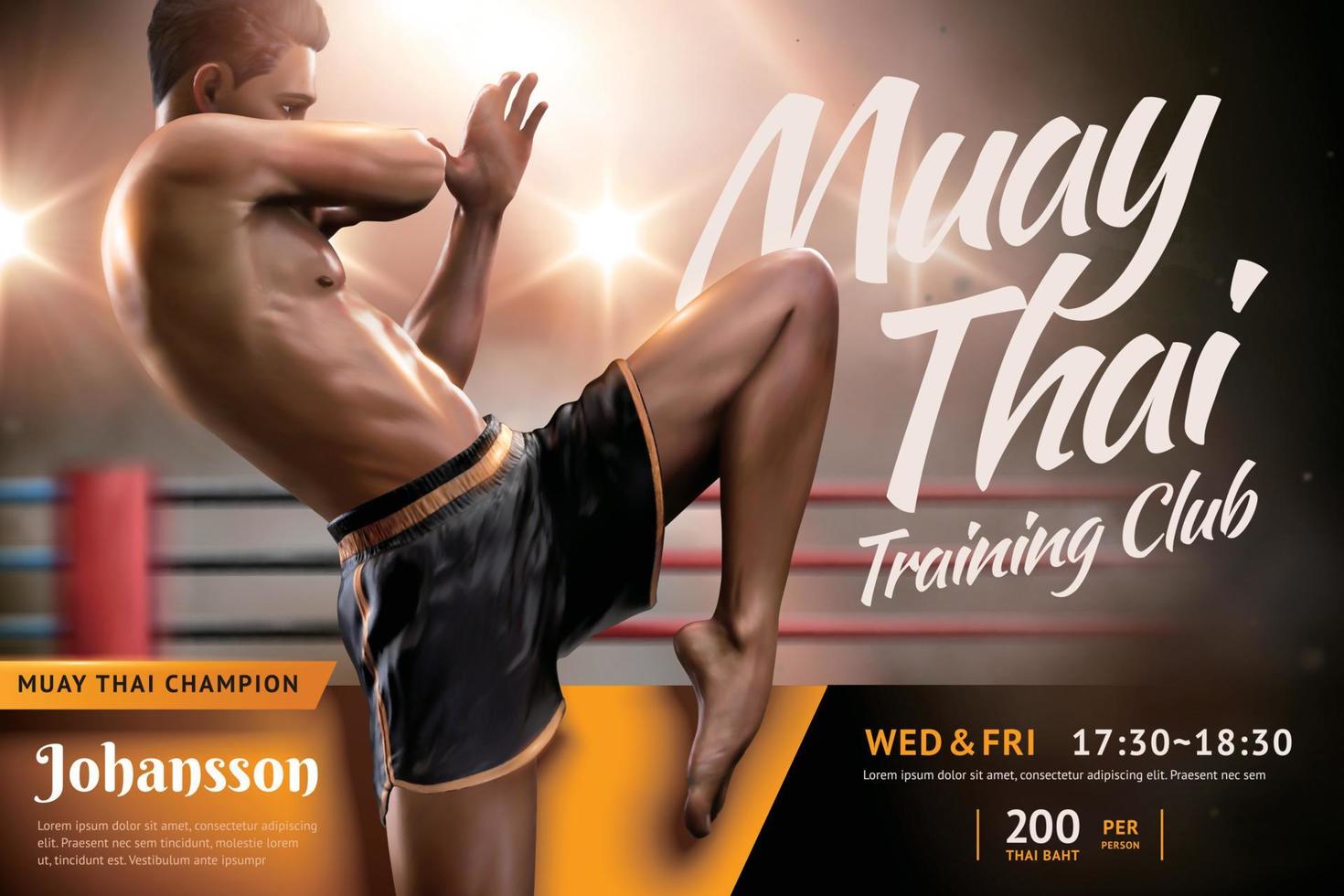 Muay Thais opleiding kamp advertentie ontwerp met knap Mens aan het doen vliegend knie in voorkant van boksen ring, 3d illustratie sjabloon vector