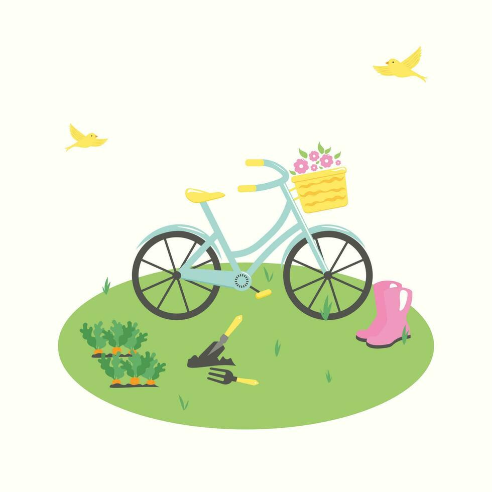 vector illustratie schattig hand- getrokken fiets met kleurrijk bloemen in mand Aan wit achtergrond. retro fiets draag- mand met bloemen.