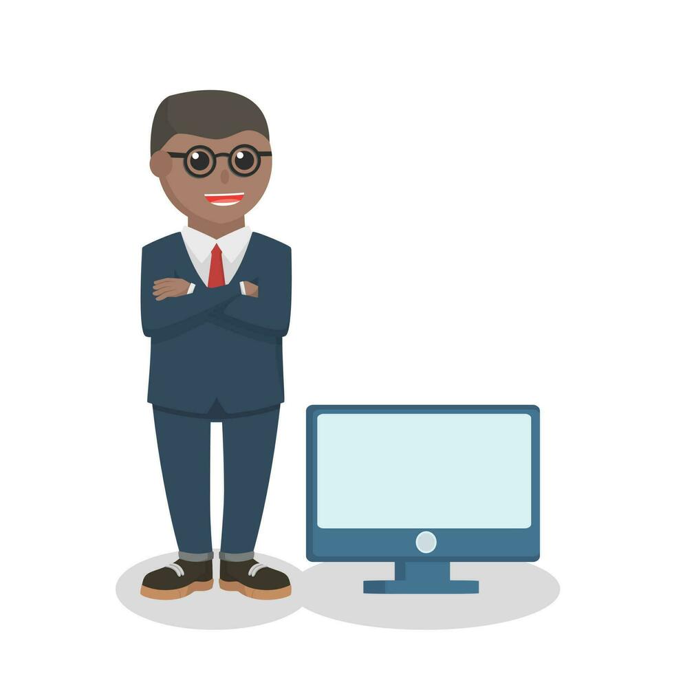 nerd Afrikaanse kantoor staand naast in toezicht houden op ontwerp karakter Aan wit achtergrond vector