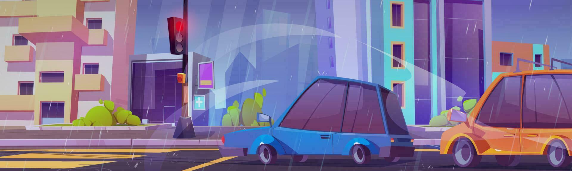tekenfilm stad straat met auto's in regenachtig weer vector