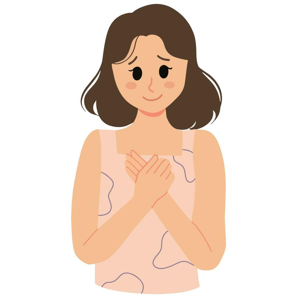 gelukkig vrouw gevleid met hand- Aan borst illustratie vector