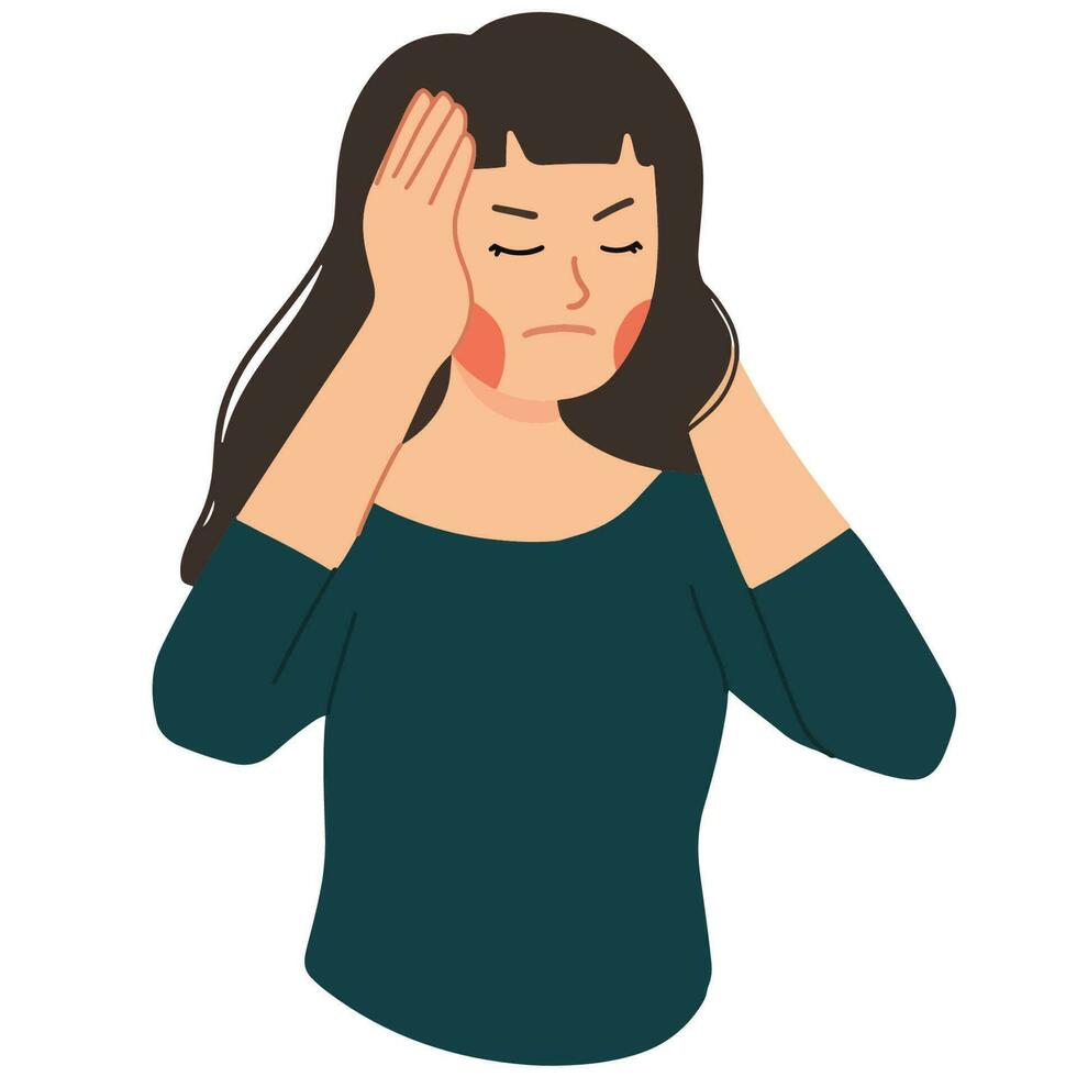 vrouw boos en houdt haar hoofd hoofdpijn moe spanning illustratie vector