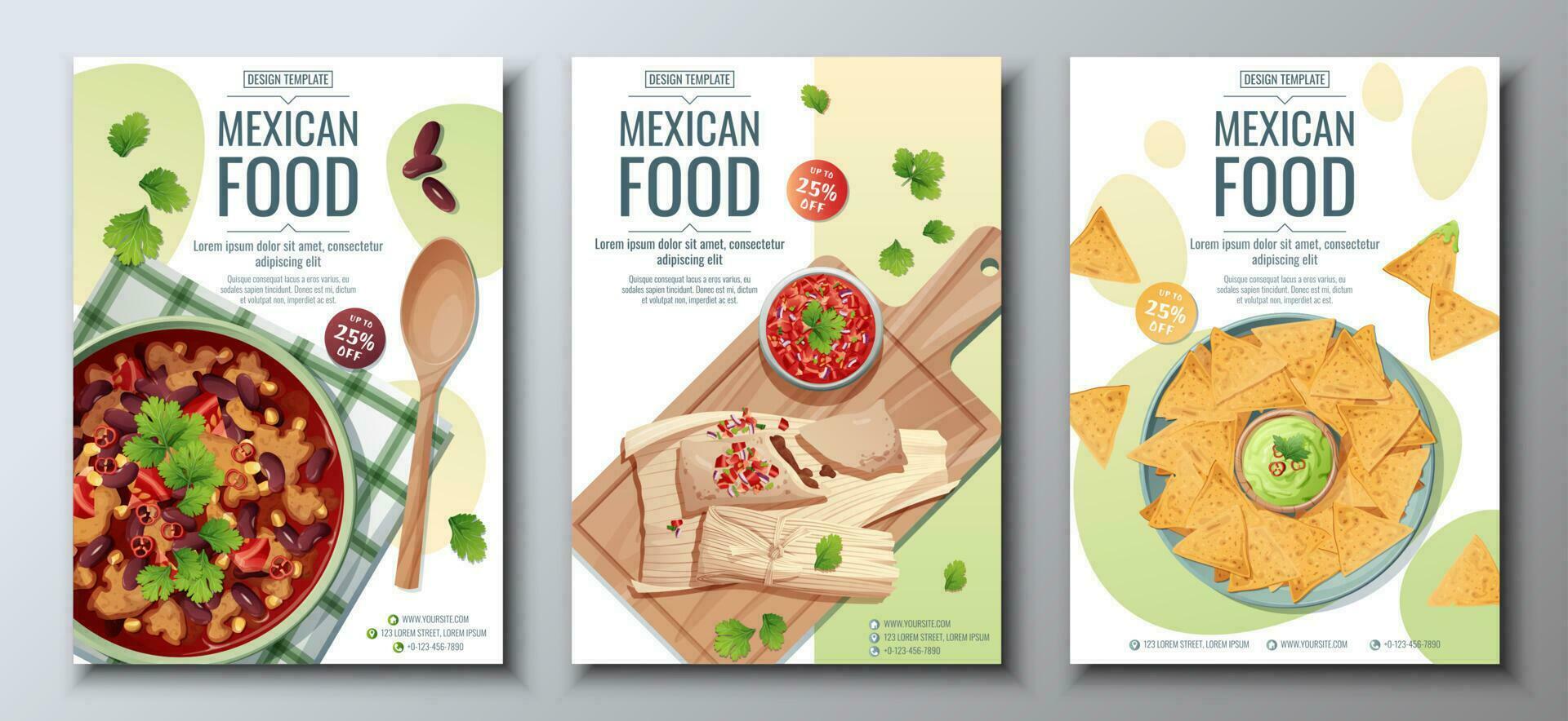 Mexicaans voedsel folder reeks Aan een groen achtergrond. tamales, nacho's en Boon soep. banier, menu, poster, advertentie van traditioneel Mexicaans voedsel vector