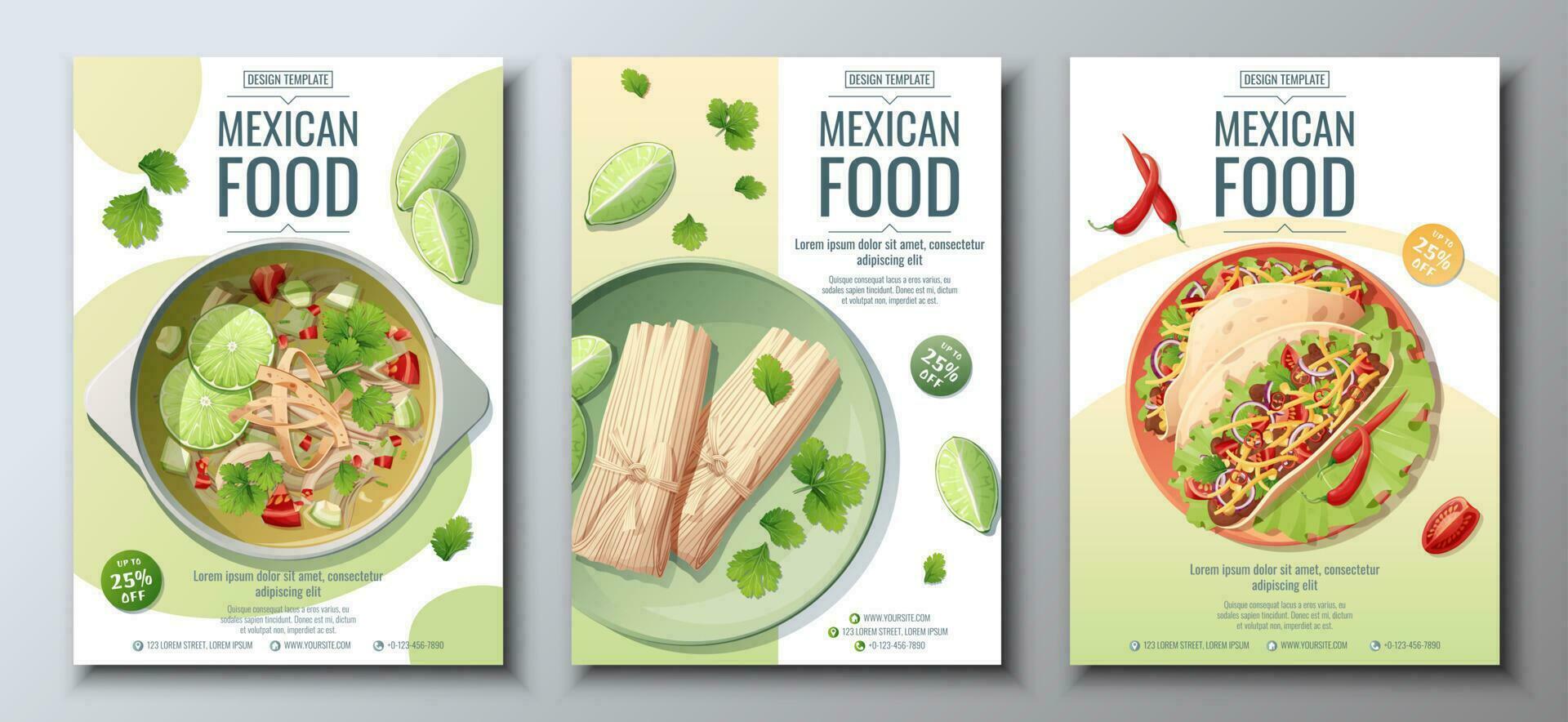 Mexicaans voedsel folder reeks Aan een groen achtergrond. tamales, taco's, limoen soep. banier, menu, poster, advertentie van traditioneel Mexicaans voedsel. vector