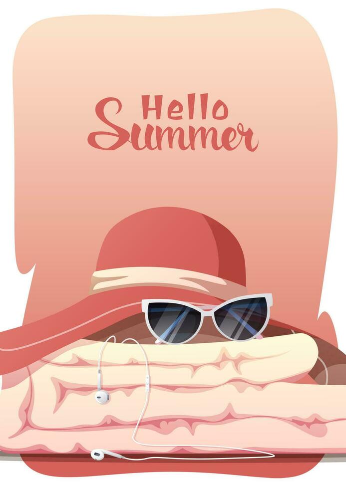 poster met strand hoed en zomer accessoires. zomer tijd, Hallo zomer. zonnebril, handdoek. ansichtkaart, banier, achtergrond voor zomer vakantie. vector