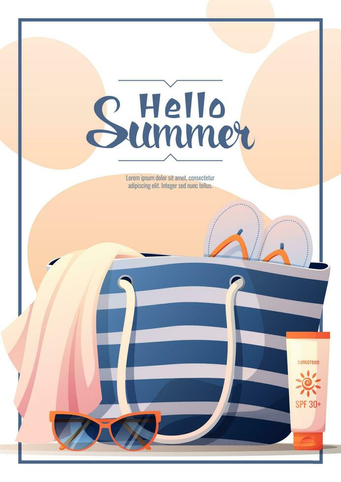 folder met strand zak en accessoires. zomer tijd, Hallo zomer, strand uitstraling. korting banier, Promotie, reclame. vector