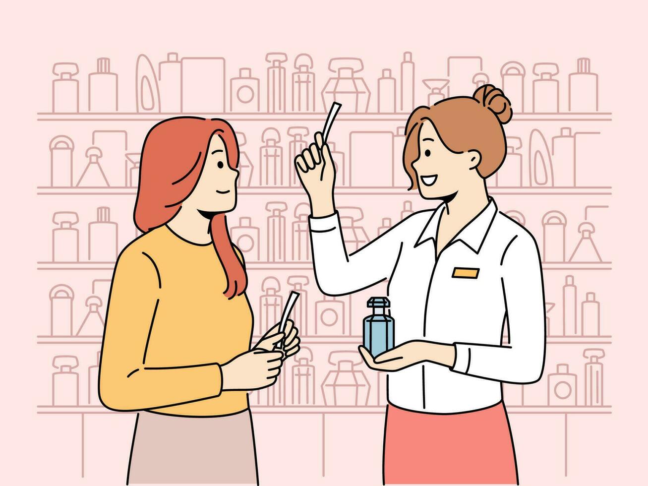 vrouw cliënt buying parfum in schoonheid winkel. consultant helpen meisje klant met schoonheidsmiddelen aankoop in op te slaan of boetiek. vector illustratie.