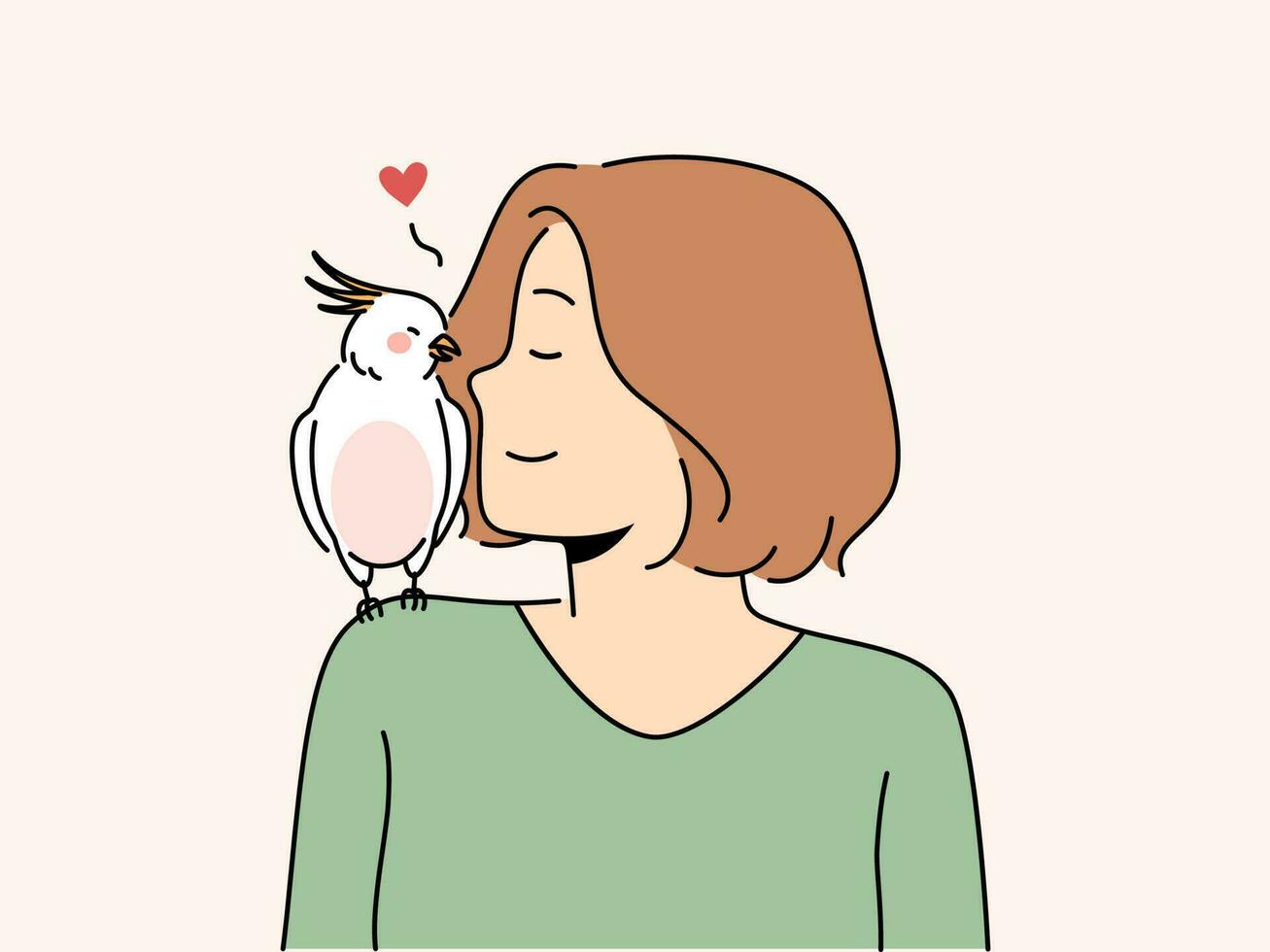 gelukkig vrouw met papegaai zittend Aan schouder. glimlachen meisje praten knuffelen met exotisch vogel. ornithologie concept. vector illustratie.