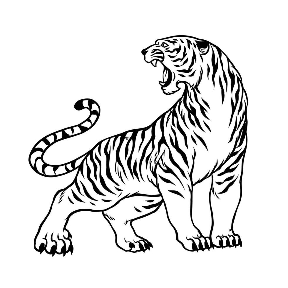 hand- getrokken van tijger in wijnoogst zwart en wit vector