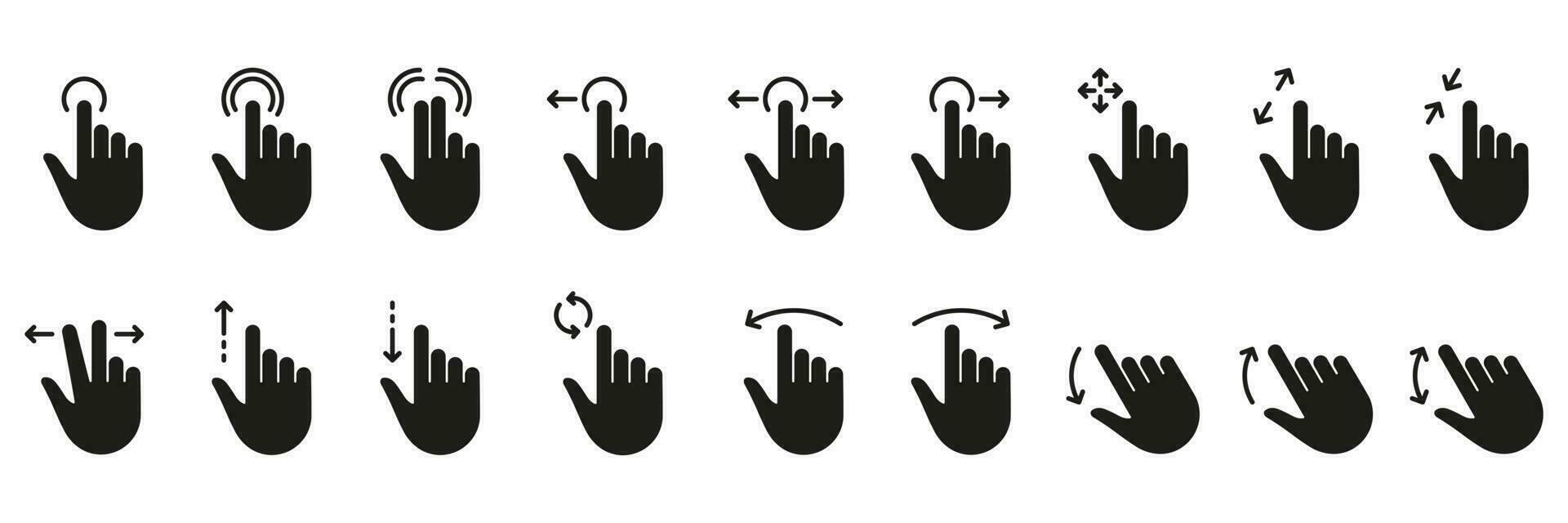 hand- vinger aanraken, vegen en slepen silhouet icoon set. gebaar glijbaan links en Rechtsaf zwart solide pictogram. snuifje scherm, draaien omhoog naar beneden Aan scherm glyph pictogrammen. geïsoleerd vector illustratie.