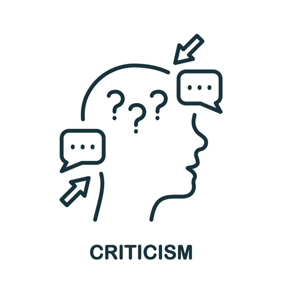 kritiek lijn icoon. boos zweer, klagen, gefrustreerd menselijk schets teken. criticus denken intellectueel werkwijze symbool. kritiek recensie lineair pictogram. bewerkbare hartinfarct. geïsoleerd vector illustratie.