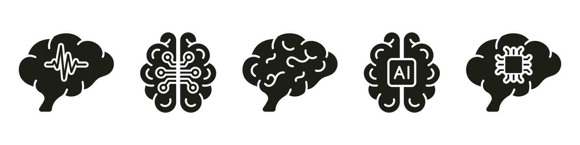 tech wetenschap, brainstorm, kennis zwart solide icoon. menselijk hersenen en ai silhouet pictogram verzameling. kunstmatig intelligentie- glyph symbool Aan wit achtergrond. geïsoleerd vector illustratie