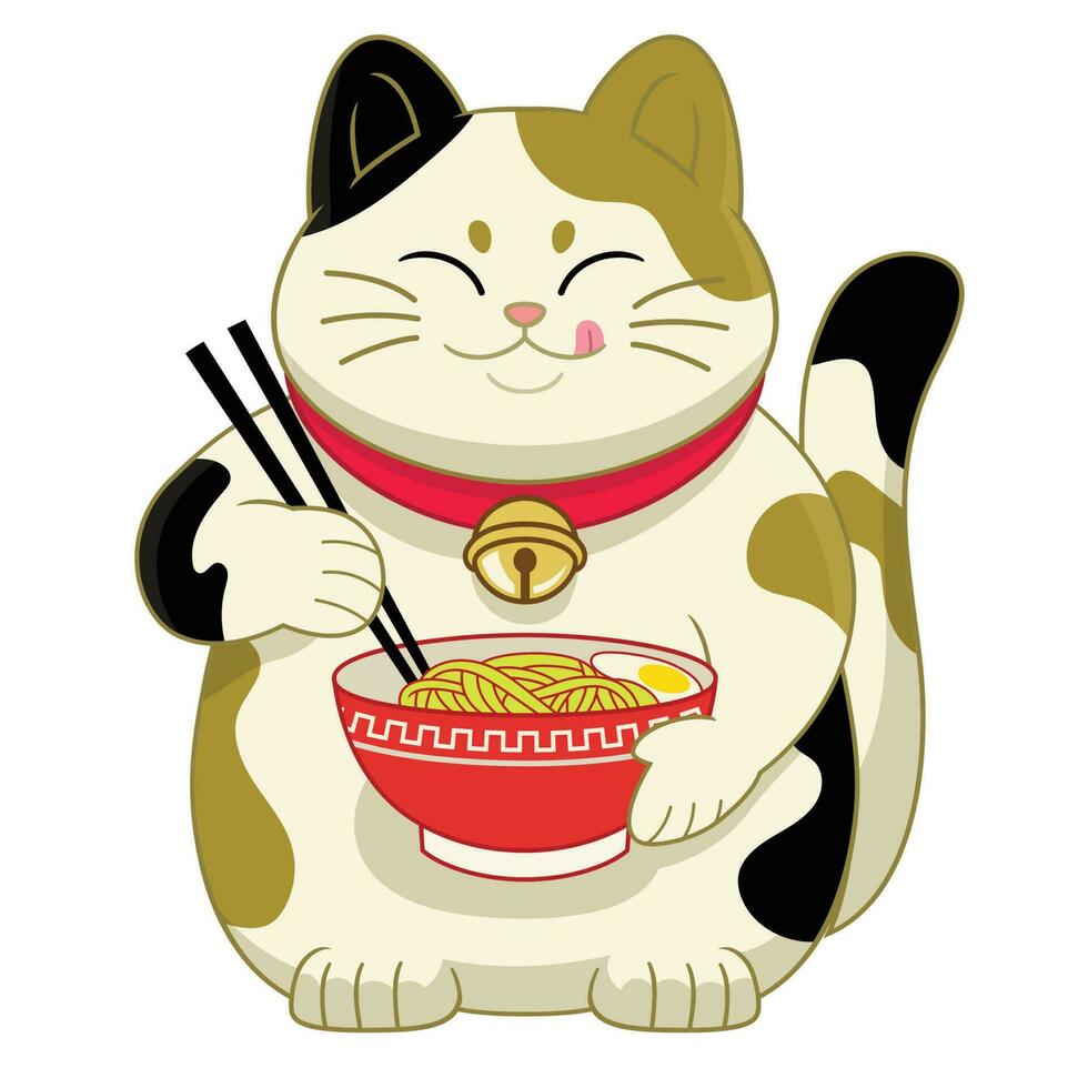 schattig tekenfilm japans kat aan het eten ramen noodle vector
