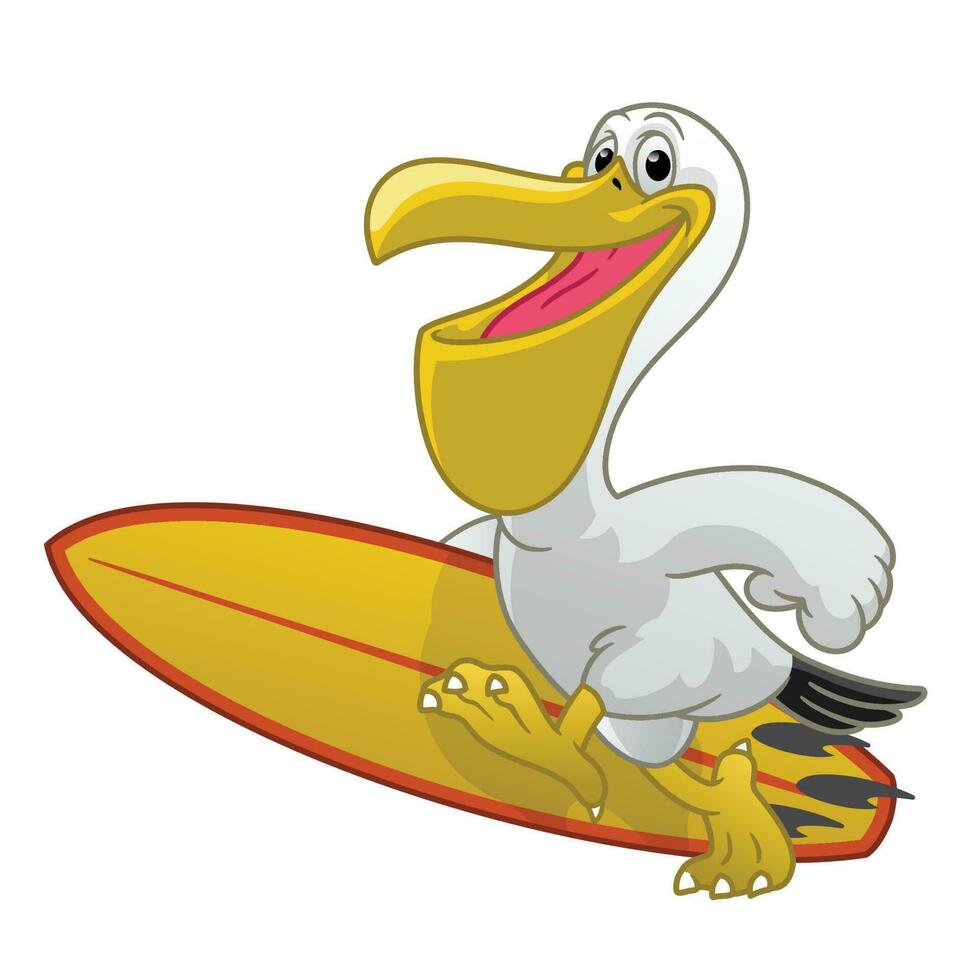 pelikaan tekenfilm houden de surfboard vector