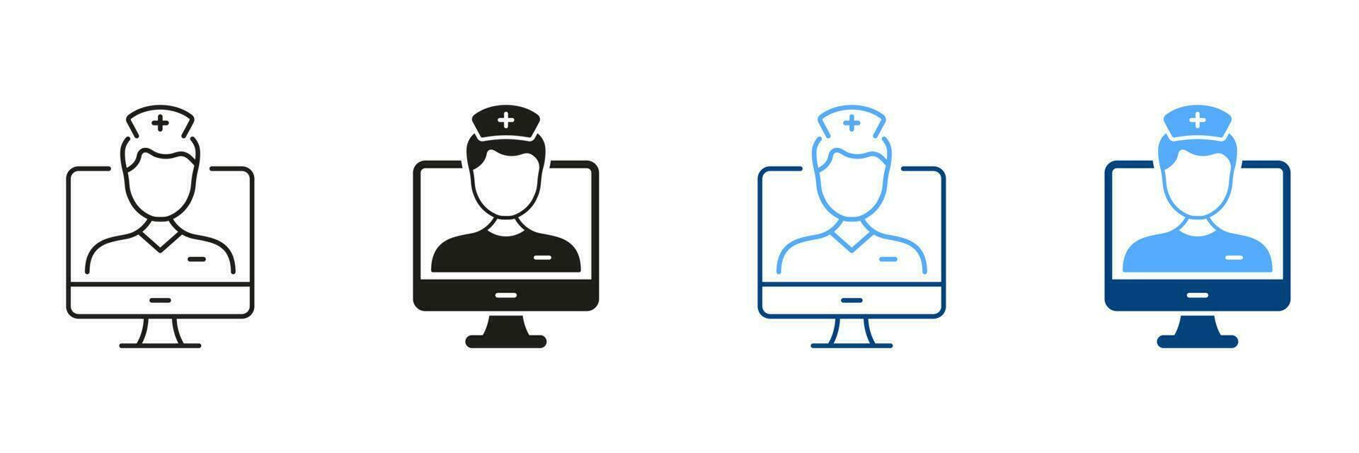 telegeneeskunde en gezondheidszorg teken. video medisch onderhoud lijn en silhouet icoon set. virtueel dokter pictogram. arts overleg zwart en kleur symbool verzameling. geïsoleerd vector illustratie.