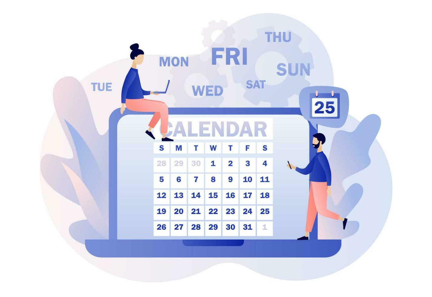 kalender online of app. schema concept. klein mensen en tijd beheer, bedrijf planning, rooster. modern vlak tekenfilm stijl. vector illustratie Aan wit achtergrond