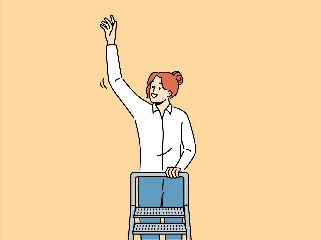 glimlachen vrouw staand Aan ladder aanraken lucht met hand. gelukkig vrouw arbeider beklimmen carrière ladder. professioneel prestatie en succes. vector illustratie.