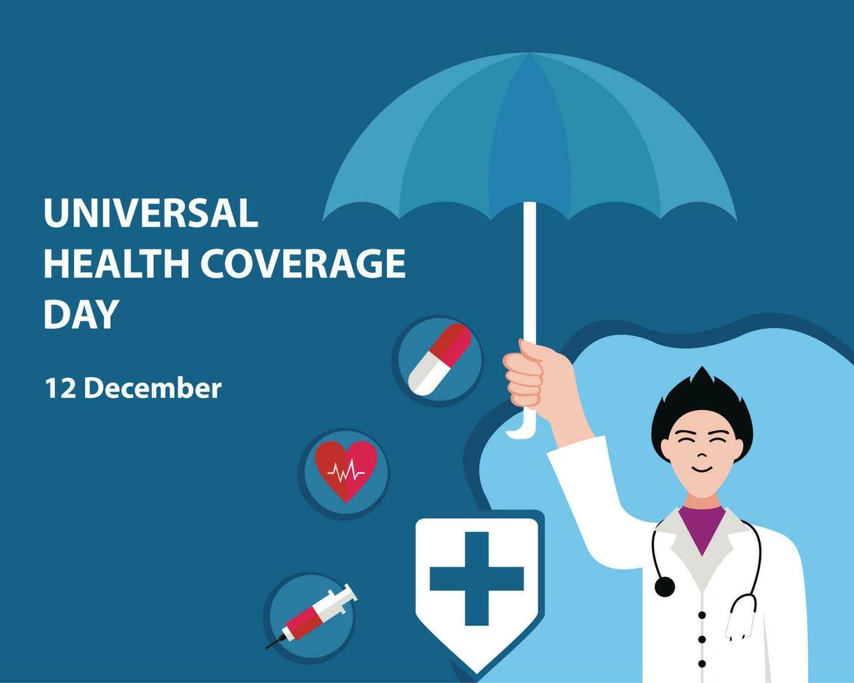 illustratie vector grafisch van een dokter gebruik makend van een paraplu, tonen medisch pictogrammen, perfect voor Internationale dag, universeel Gezondheid Dekking dag, vieren, groet kaart, enz.