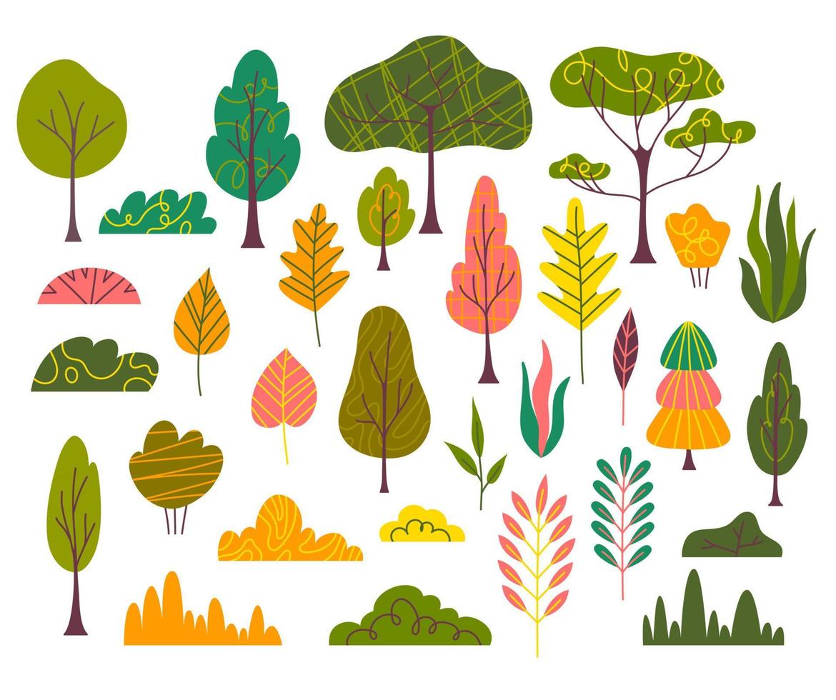 tekenfilm kleur planten en bomen pictogrammen set. vector