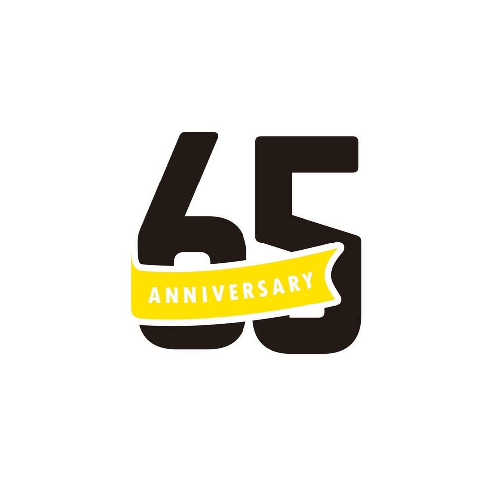 65 jaar verjaardag nummer met geel lint viering vector sjabloon ontwerp illustratie