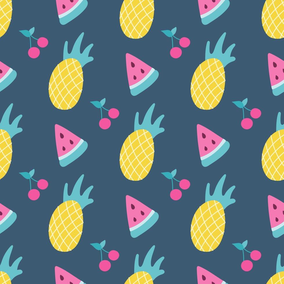 ananas, watermeloen en kers op een donkere achtergrond. vector naadloze patroon in vlakke stijl