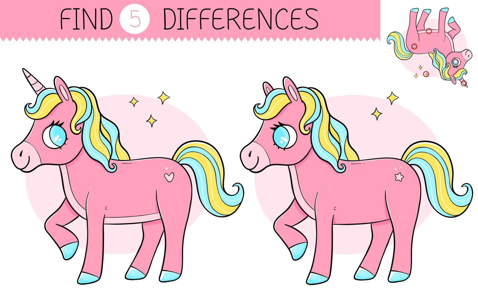 vind vijf verschillen is een leerzaam spel voor kinderen met roze eenhoorn. schattig tekenfilm paard eenhoorn. vector illustratie.