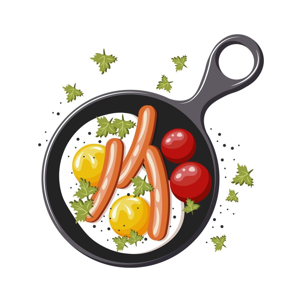 gezond ontbijt, gebakken eieren met worstjes, tomaten en kruiden in een frituren pan. voedsel illustratie, vector. vector