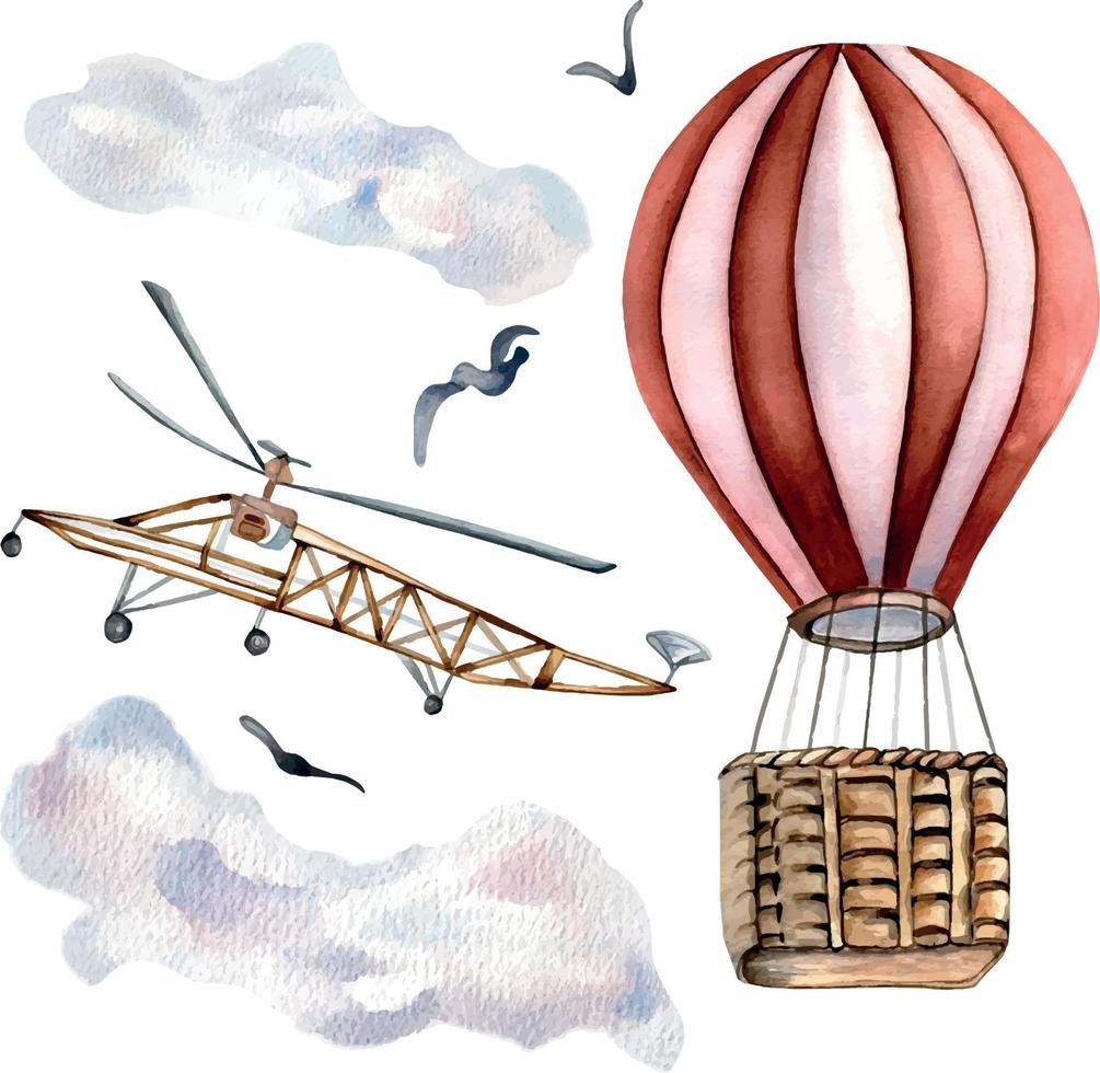 retro heet lucht ballon en helikopter waterverf illustratie geïsoleerd vector