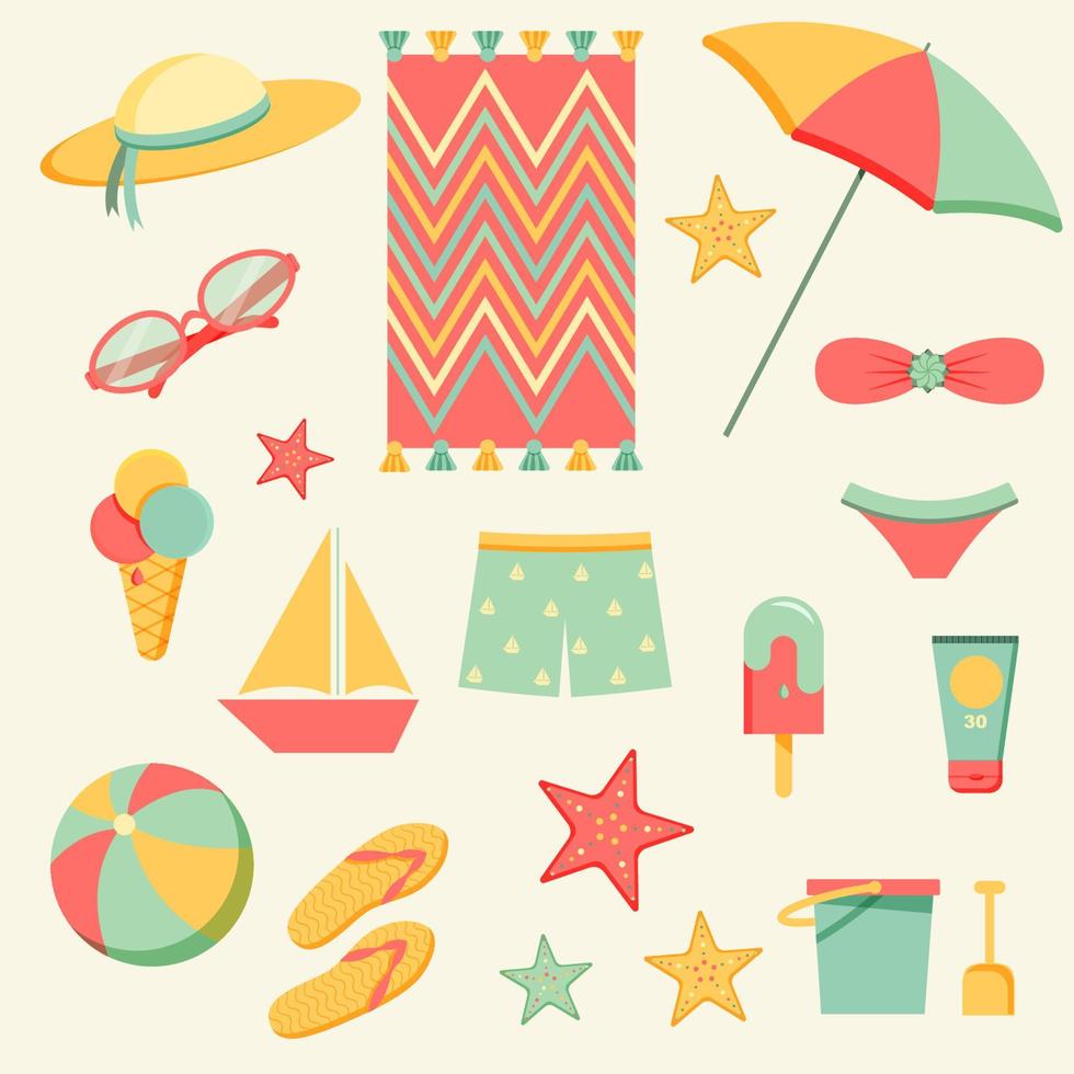 strand items set. zomer verzameling. vector. zon hoed, zon bril, bal, paraplu, zee sterren, zon room en enz. vector