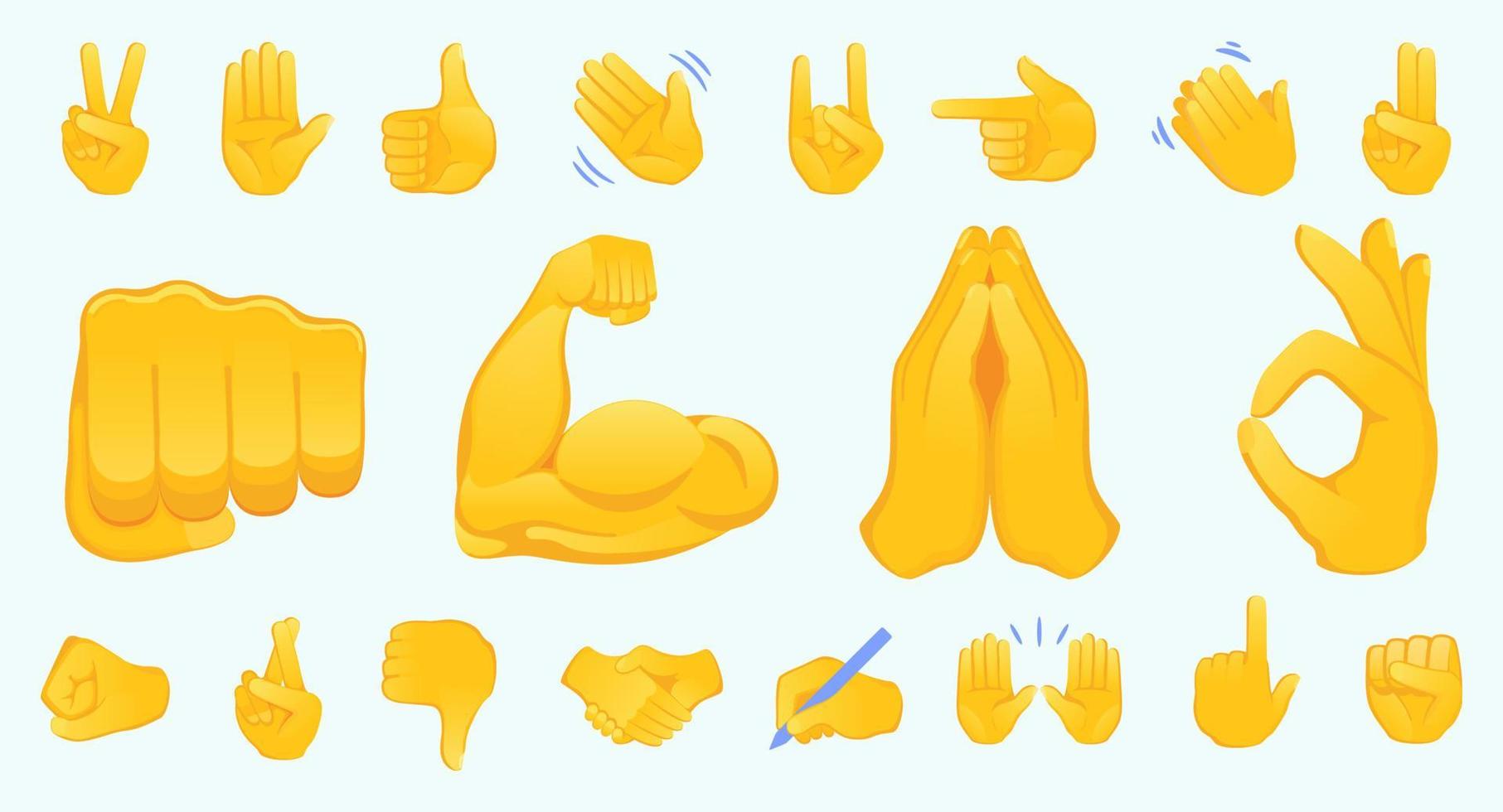 hand- gebaar emoji's pictogrammen verzameling. handdruk, biceps, applaus, duim, vrede, rots Aan, OK, map handen gebaren. reeks van verschillend emoticon handen geïsoleerd vector illustratie.