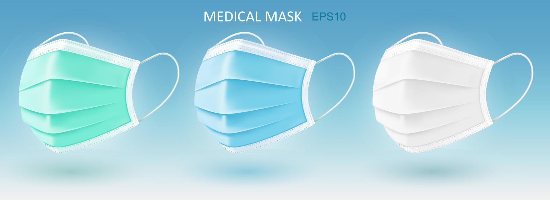 realistisch medisch gezicht maskers 3d geïsoleerd vector illustratie. beschikbaar ademen medisch ademhalings gezicht masker. ziekte en verontreiniging bescherming.