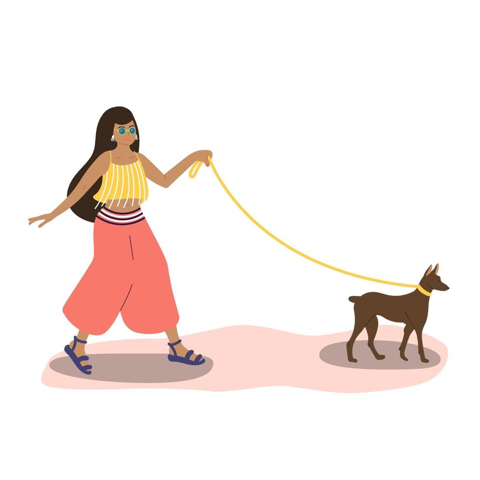 een meisje loopt met een hond. een schattige mulat in zomerkleren loopt met een hond over straat. vector platte cartoon illustratie.