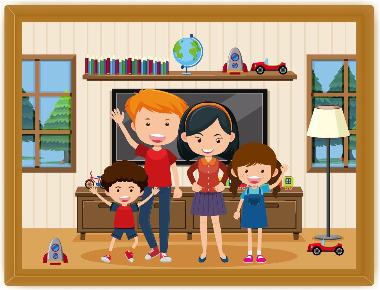 gelukkige familie in de woonkamer scènefoto in een frame vector