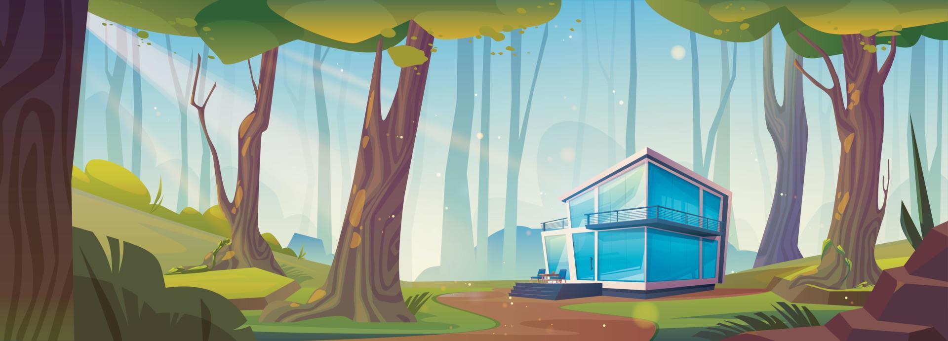 glas huis in bos, Woud tekenfilm landschap vector
