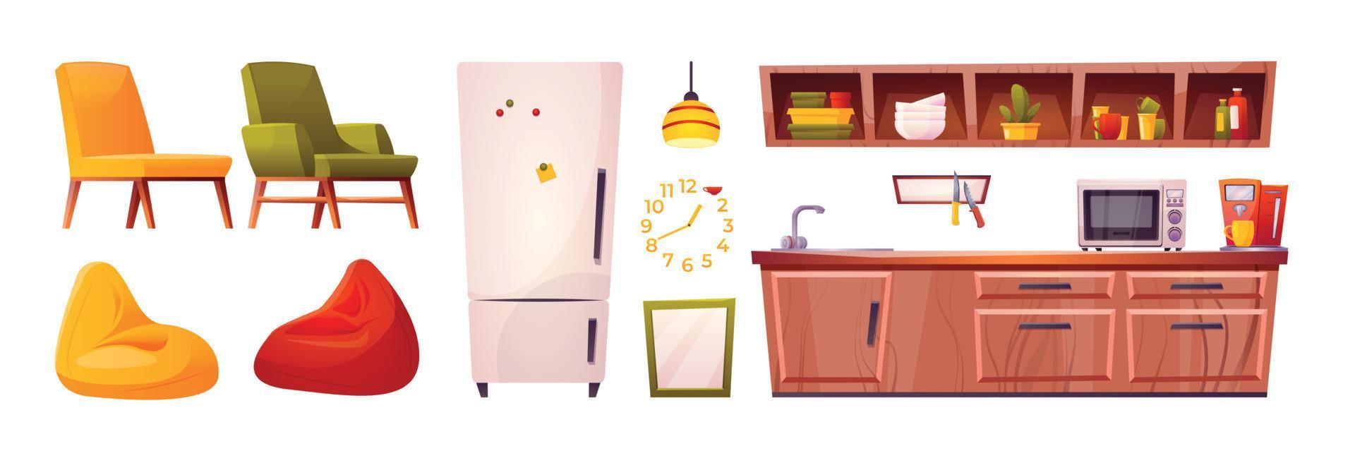 tekenfilm reeks van herberg keuken meubilair Aan wit vector