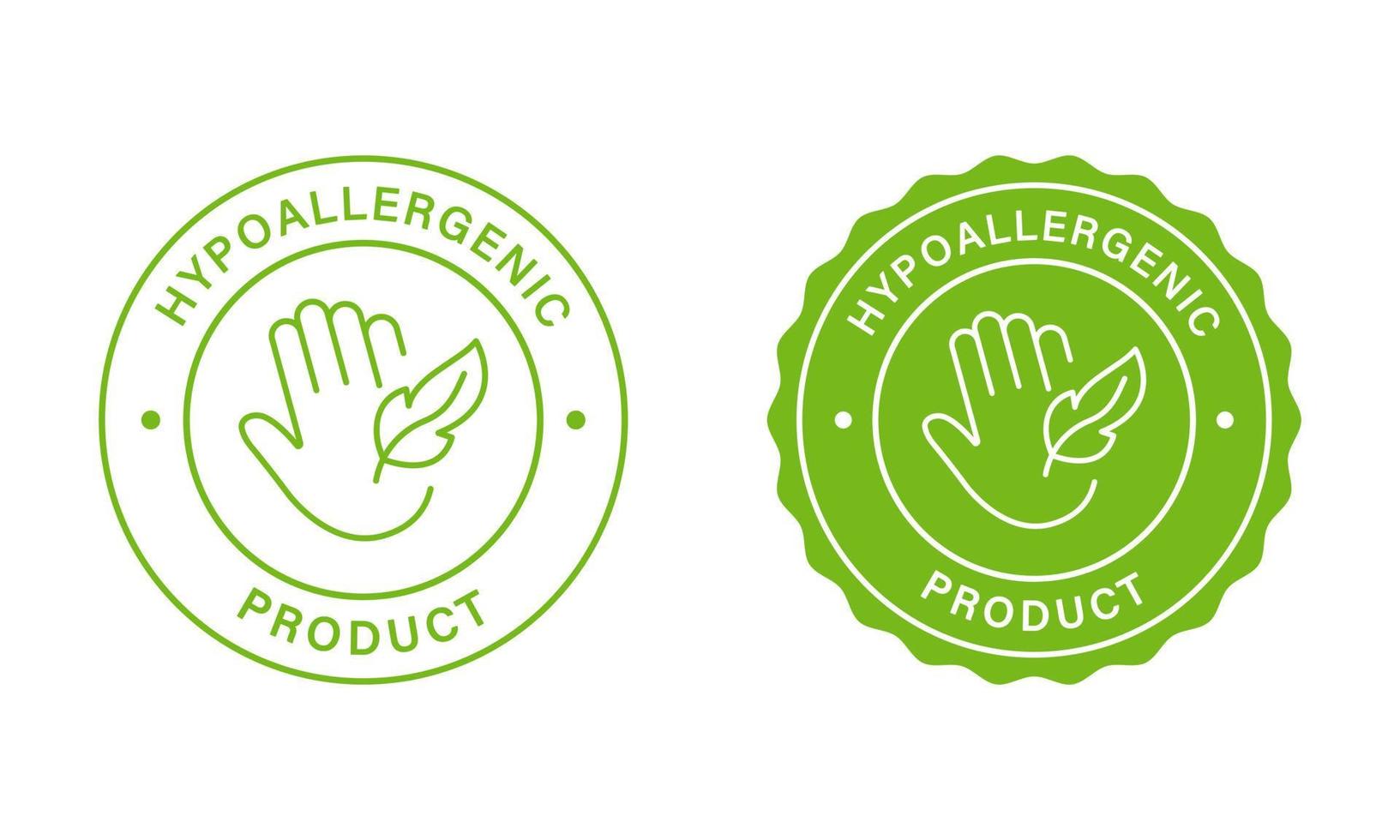 veilig hypoallergeen Product postzegels set. groen etiket voor hypoallergeen veilig cosmetica. allergeen vrij stickers. hand- en veer icoon. goedgekeurd hypoallergeen materiaal. geïsoleerd vector illustratie.