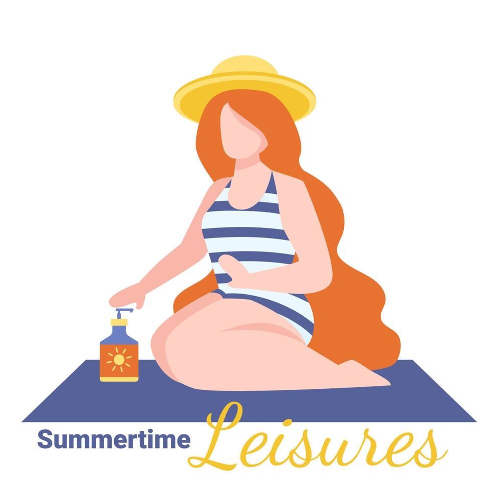 een vrouw Aan de strand met zon room, zomertijd vrije tijd illustratie, single karakter geïsoleerd Aan een wit achtergrond. vector