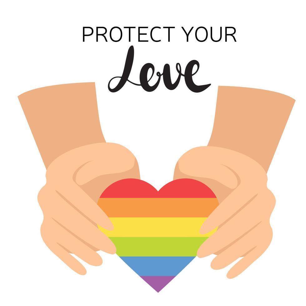 beschermen uw liefde tekst. lgbt trots logo. insigne logo met lgbt regenboog illustratie. creatief vector ontwerp element voor trots maand logo, plein banier, sociaal media post sjabloon.