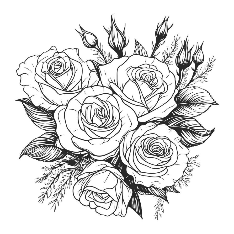 emmer van rozen bloem in zwart en wit lijn kunst vector illustratie