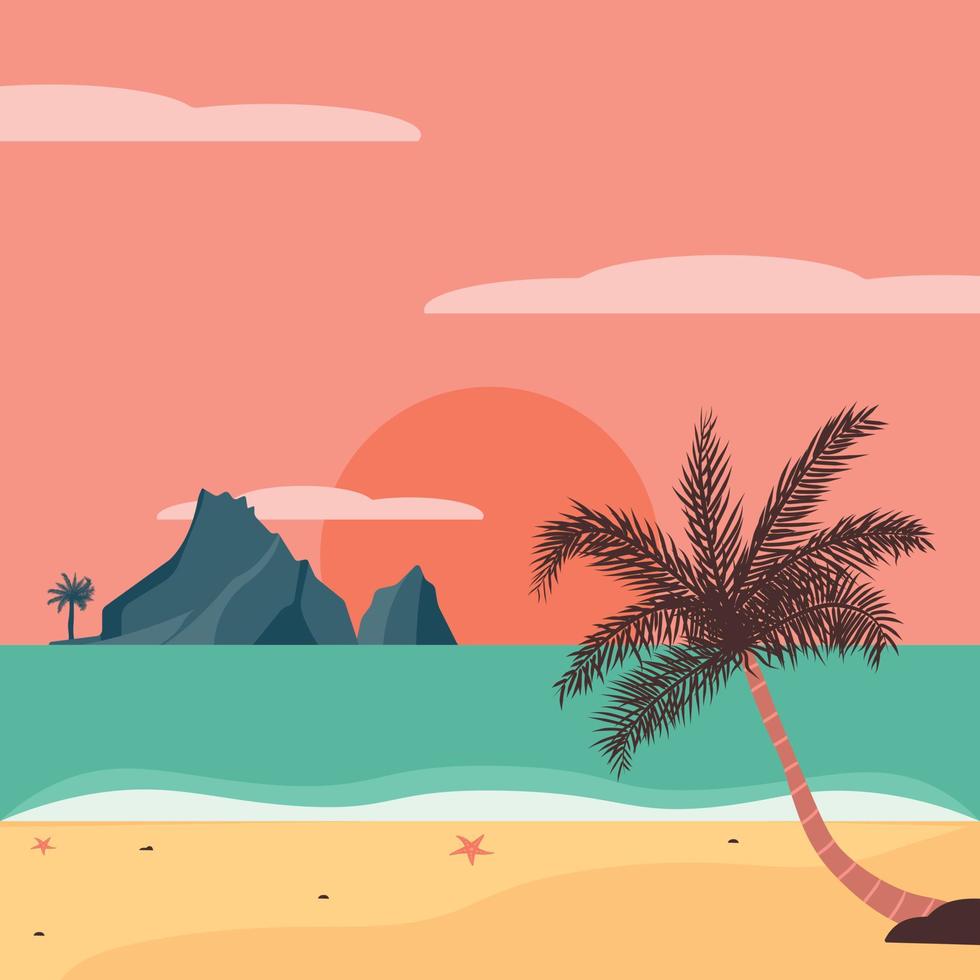 zeegezicht in retro stijl. zonsondergang Aan een tropisch strand. vector illustratie