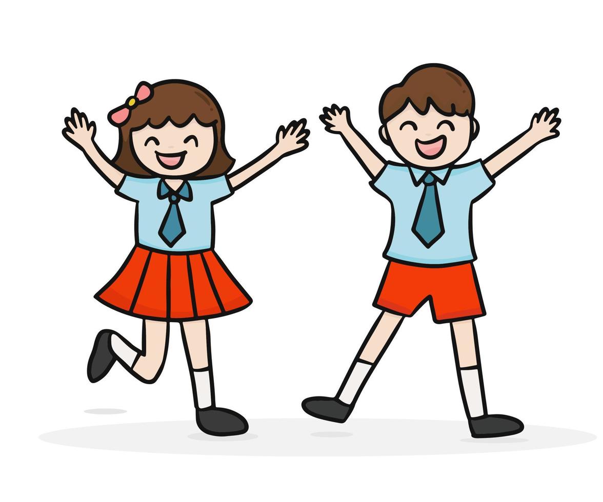 twee gelukkig kinderen, jongen en meisje leerling in elementair school- uniform. terug naar school- concept. vector